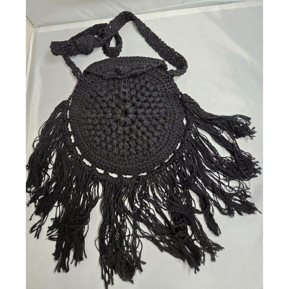 Handmade Crochet macrame Black Fringe Bohemian Shoulder Bag boho cottage biker - Picture 1 of 8